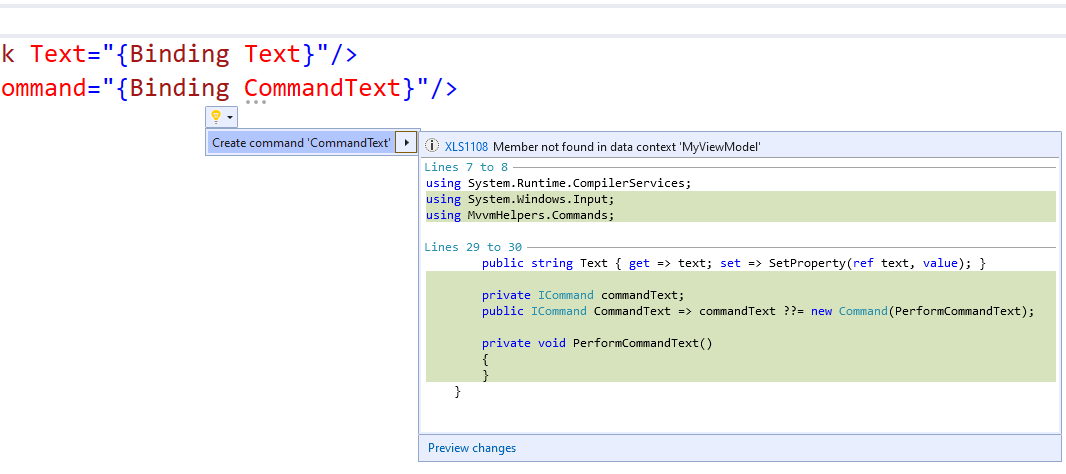 Code for a command being generated with Mvvm Helpers