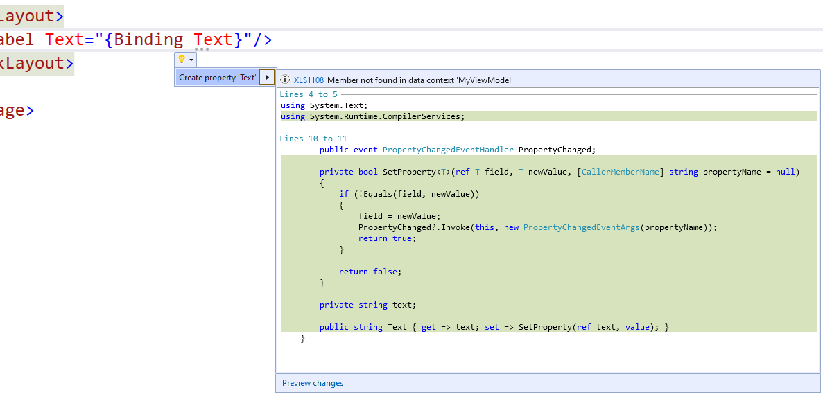 Lightbulb and code preview to generate text