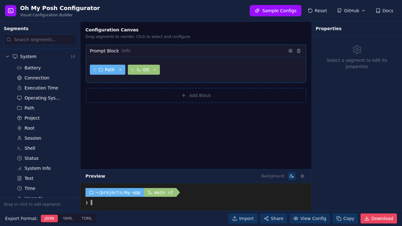 The main interface showing the segment picker, configuration canvas, and live preview