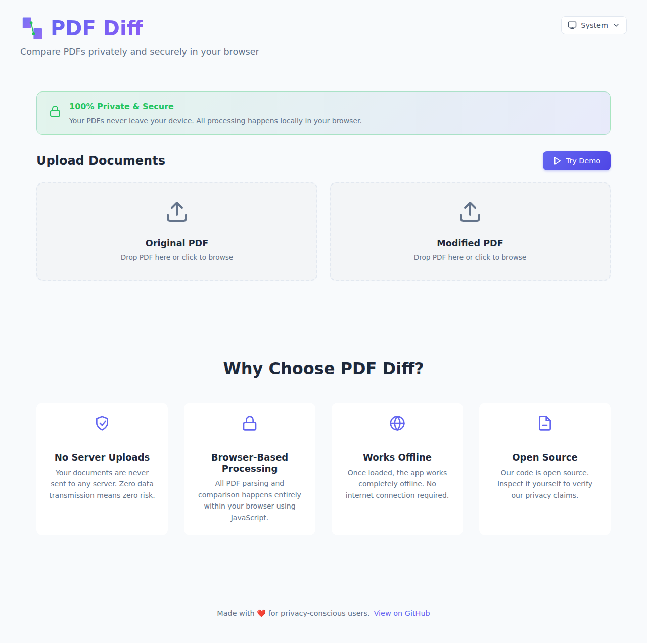 Landing page for PDF Diff allowing you to upload 2 PDFs to compare